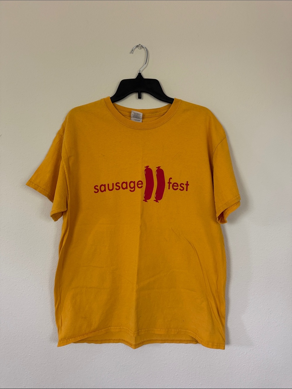 Gildan Yellow Sausage Fest Graphic Tee with Red Print